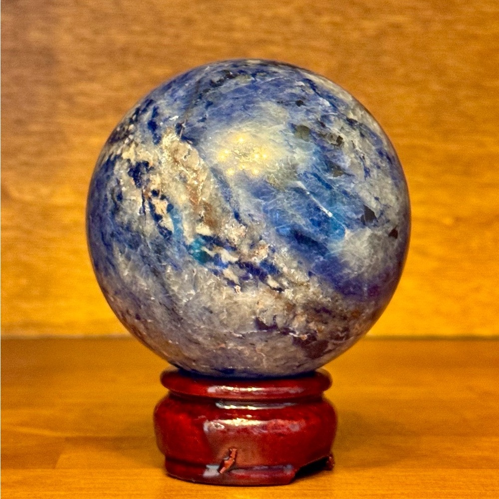 Sodalite Crystal Sphere on Wooden Stand Metaphysical Healing Reiki Energy Work